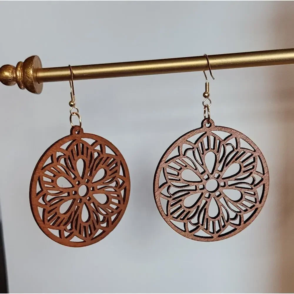 Mandala Shaped Pierced Earrings Brown Lightweight Wood Boho Hippie